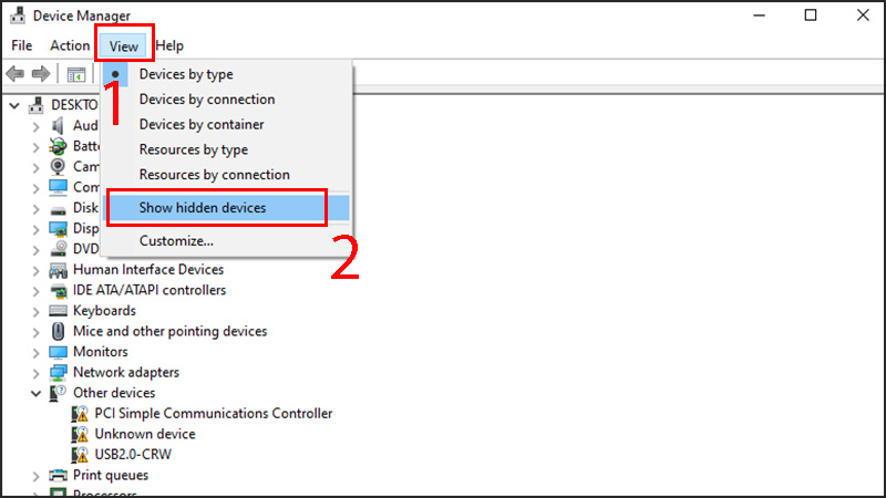 rong Device Manager, chọn View và Show hidden devices