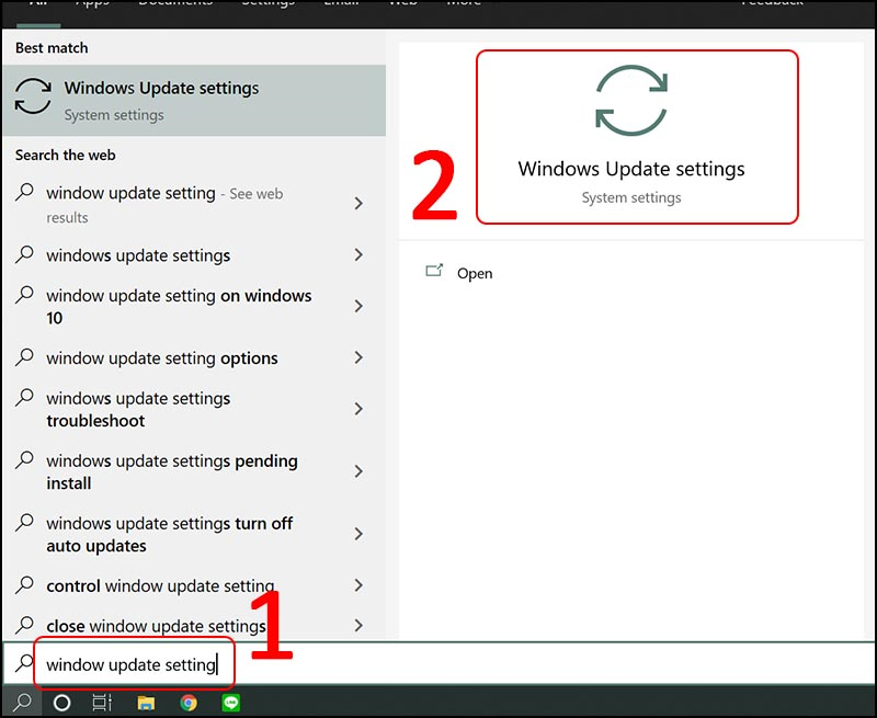 Mở ứng dụng Windows Update settings