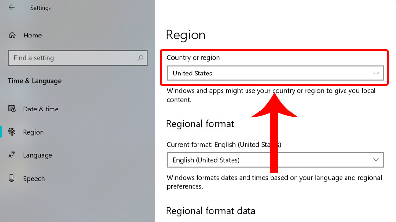 vào Settings và chọn Time & Language nhấn vào Region để xem