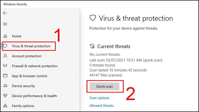 Nhấn chọn tab Virus & threat protection và chọn vào Quick scan
