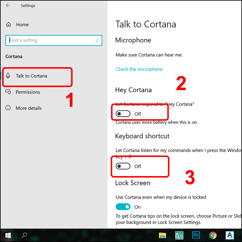 Chuyển 2 mục Hey Cortana và Keyboard shortcut sang Off