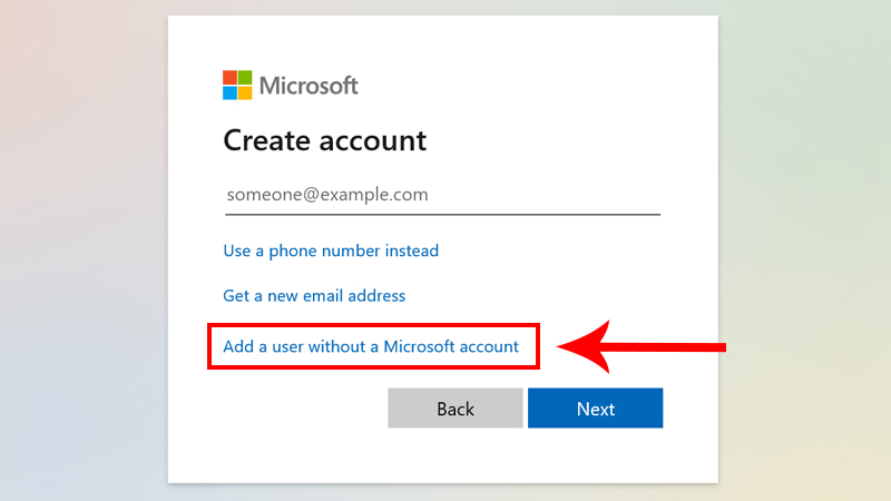 Chọn Add a user without a Microsoft account để thêm user mà không cần tài khoản Microsoft