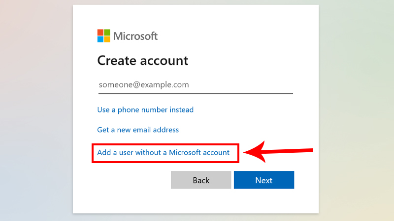 Chọn Add a user without a Microsoft account