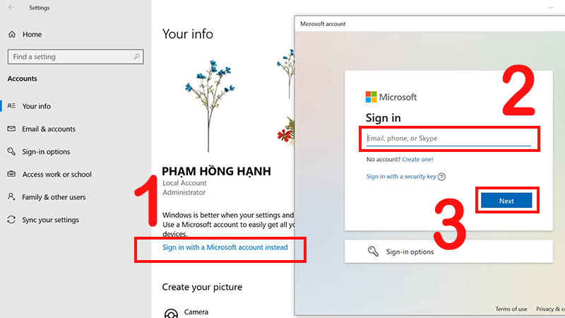 Nhấn Sign in with a Microsoft account instead, nhập email, số điện thoại hoặc Skype và chọn Next