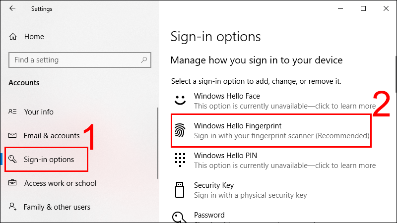 Nhấn chọn Sign-in Options và chọn Windows Hello Fingerprint