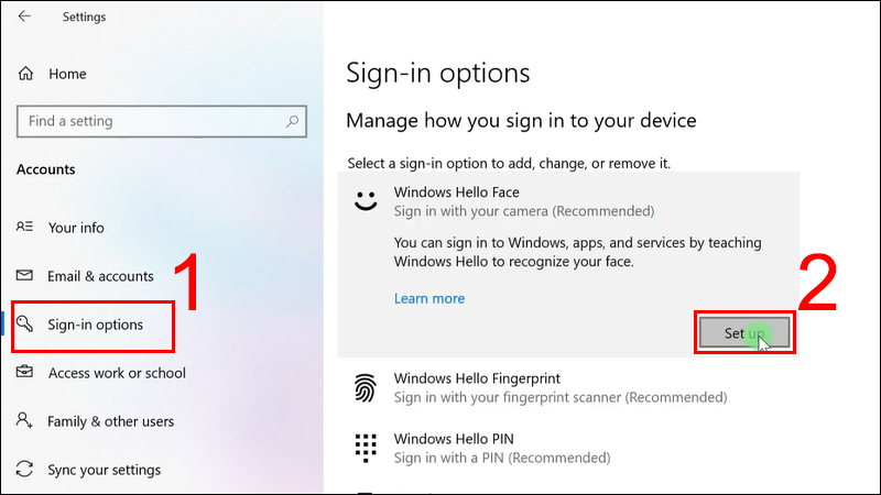 Chọn Sign-in Options và chọn Set up ở Windows Hello Face