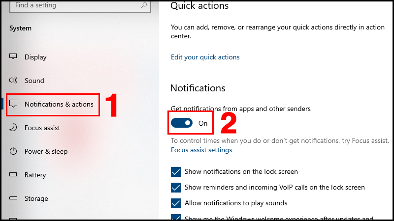 Tắt nút gạt tại Get notifications from apps and other senders