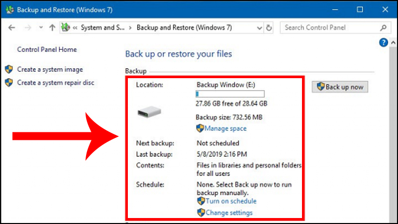 file Backup gần nhất được hiển thị trong Back up and Restore your files