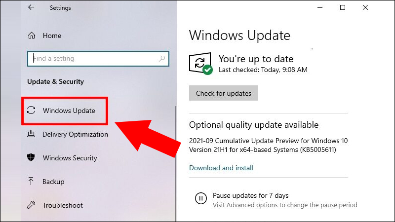 Chọn Windows Update trong nhóm Settings
