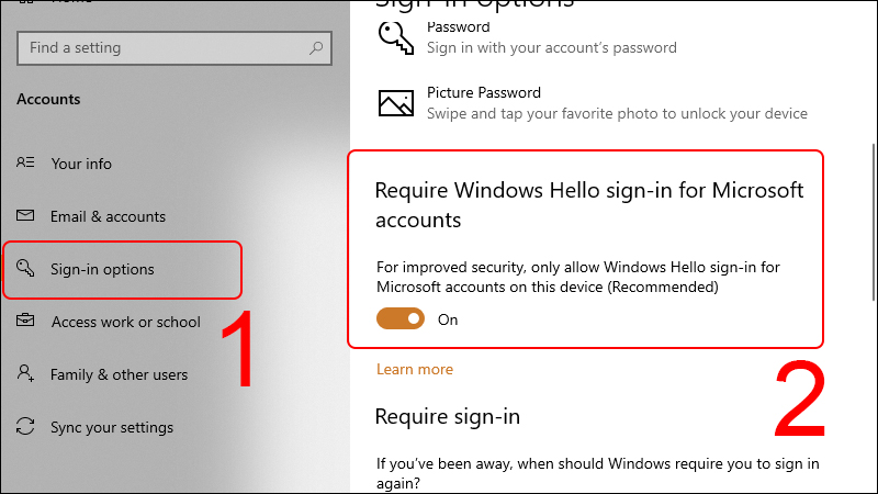 chọn Sign-in options và bật chức năng Require Windows Hello sign-in for Microsoft accounts 