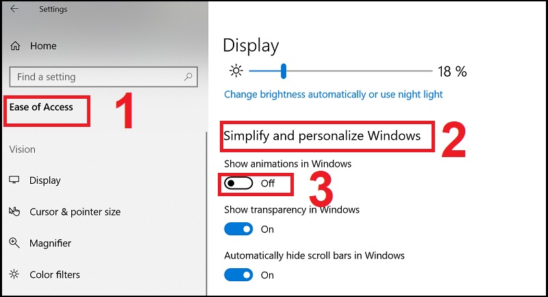 Tại tùy chọn Show Animations in Windows hãy gạt thanh chọn để tắt tính năng hiển thị hiệu ứng làm mở của Windows