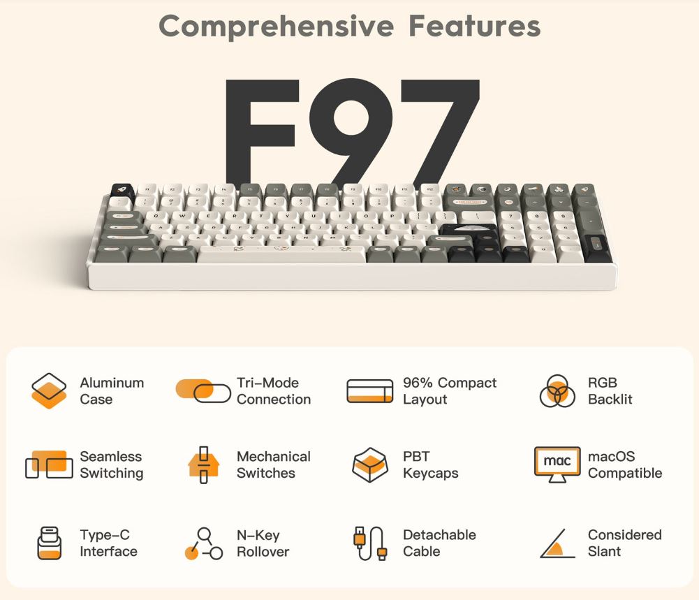 Bàn phím cơ IQUNIX F97 (Hotswap/ 3 Mode: USB/2.4/Bluetooth/ Khung nhôm)