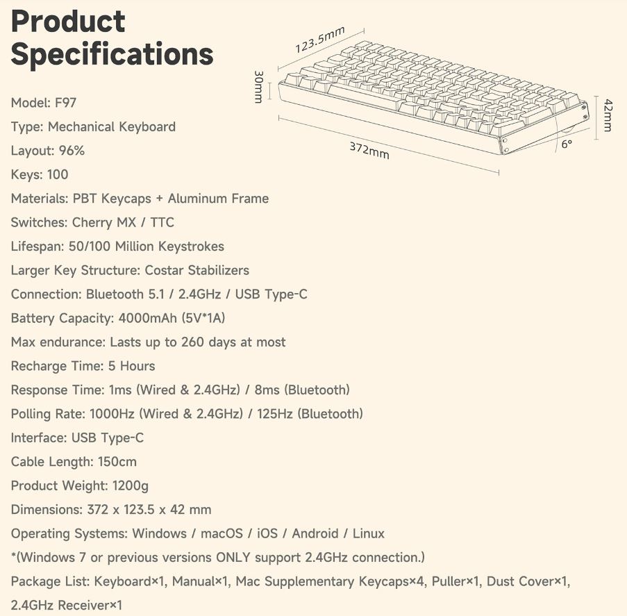 Bàn phím cơ IQUNIX F97 (Hotswap/ 3 Mode: USB/2.4/Bluetooth/ Khung nhôm)