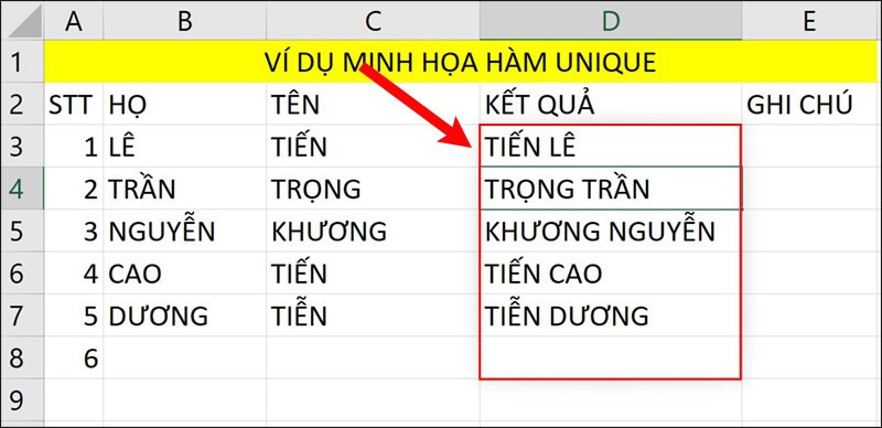 Hướng dẫn sử dụng hàm UNIQUE trong Microsoft Excel lọc lấy giá trị 1 vùng chi tiết